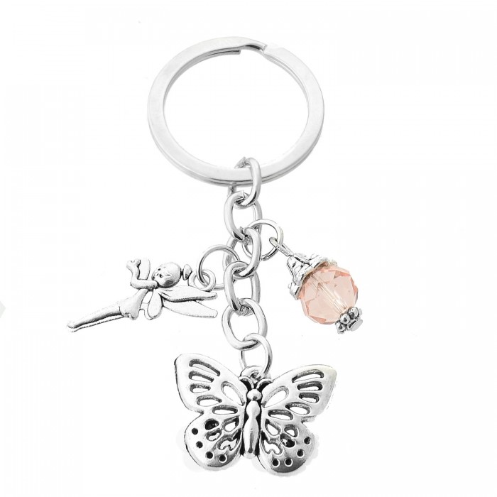Porte-clés fée papillon et perle à facette rose argenté