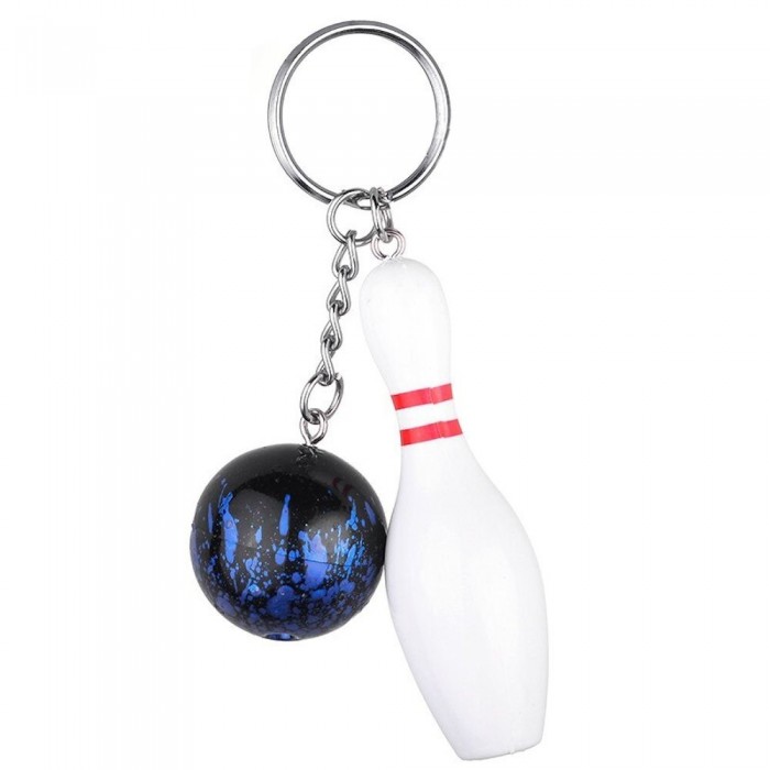 Porte-clés quille blanche et rouge, boule de bowling aux reflets bleutés argenté