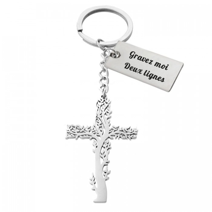 Porte-clés arbre de vie en forme de croix origami plaque gravure personnalisée acier