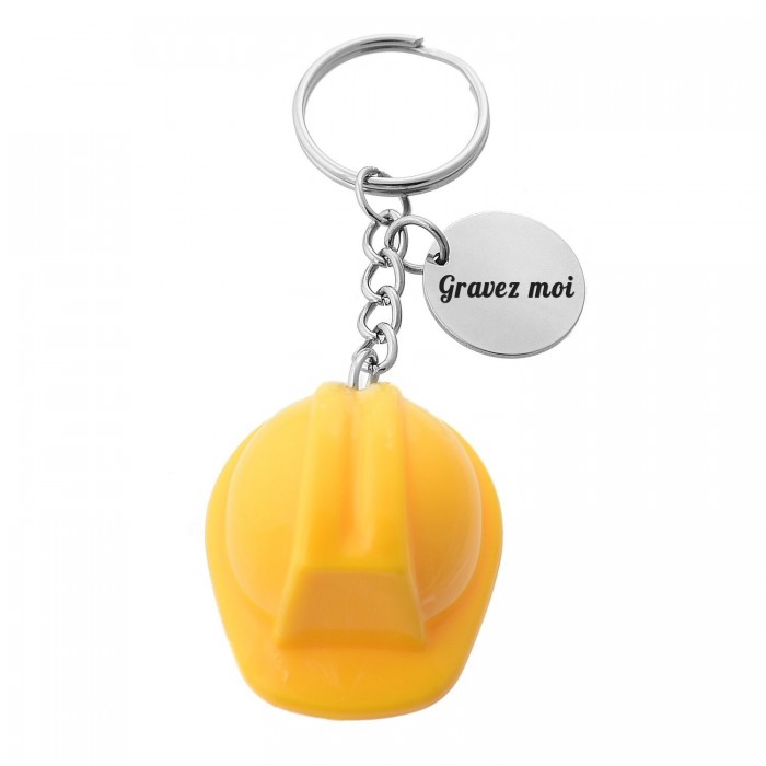 Porte-clés casque de chantier jaune gravure personnalisée sur médaille