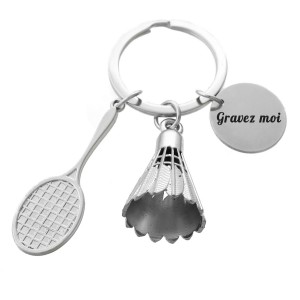 Porte-clés raquette de badminton et volant argenté gravure personnalisée sur médaille