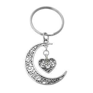 Porte-clés croissant de lune et coeur arabesque argenté