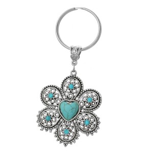 Porte-clés argenté fleur strass bleu turquoise
