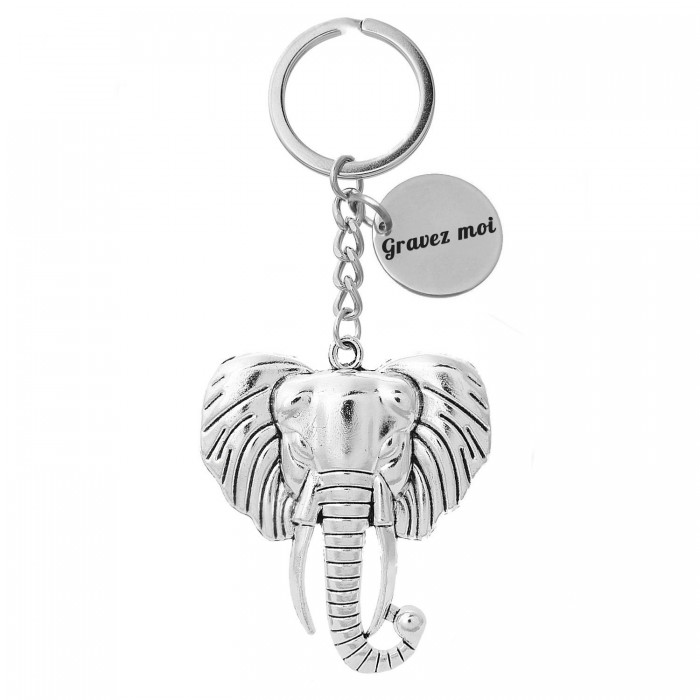 Porte-clés tête d'éléphant argenté gravure personnalisée sur médaille