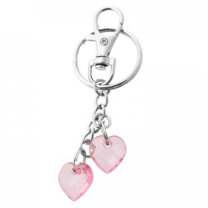 Porte-clés bijou de sac argenté 2 coeurs roses à facettes