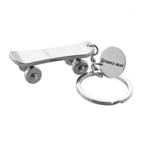 Porte-clés skateboard planche à roulettes argenté gravure personnalisée sur médaille