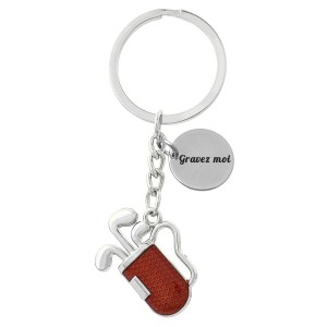 Porte-clés sac de golf 3 clubs caddie rouge gravure personnalisée sur médaille
