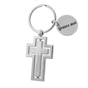 Porte-clés croix chrétienne sur pivot argentée gravure personnalisée sur médaille