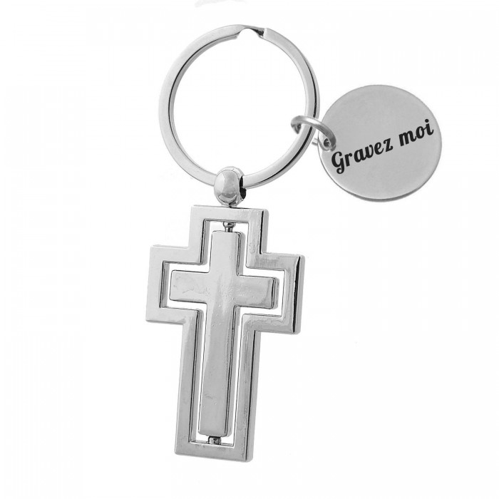 Porte-clés croix chrétienne sur pivot argentée gravure personnalisée sur médaille