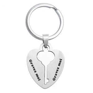 Porte-clés coeur et clé plaque amovible acier inoxydable gravure personnalisée