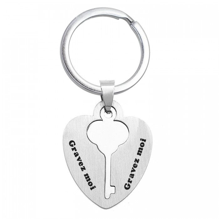 Porte-clés coeur et clé plaque amovible acier inoxydable gravure personnalisée