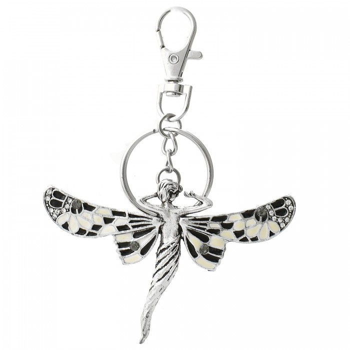 Porte-clés bijou de sac sirène avec des ailes argentée émail noir et blanc strass