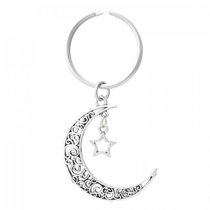 Porte-clés étoile croissant de lune argenté