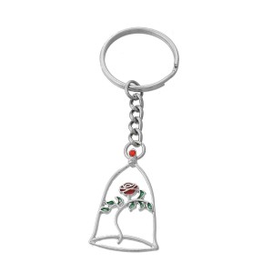 Porte-clés fleur rose éternelle rouge sous cloche argenté