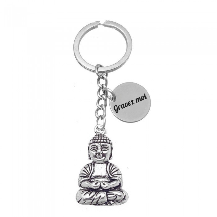 Porte-clés pendentif Bouddha argenté gravure personnalisée sur médaille
