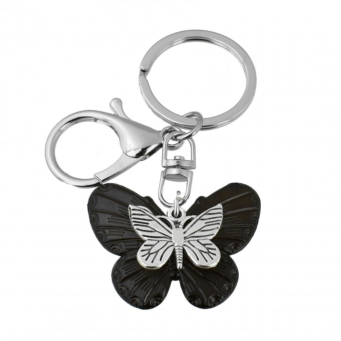 Porte-clés 2 papillons bijou de sac avec mousqueton et anneau argenté
