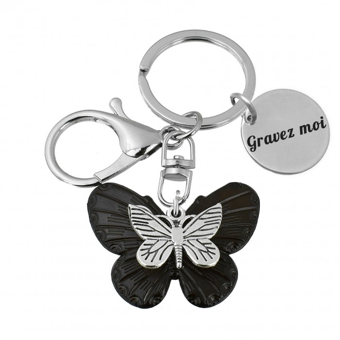 Porte-clés 2 papillons bijou de sac avec mousqueton et anneau argenté gravure personnalisée sur médaille
