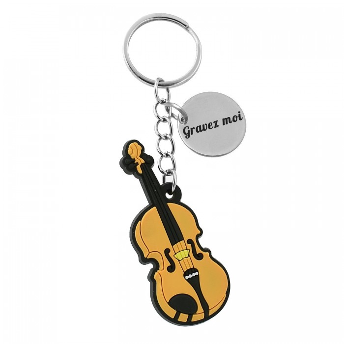 Porte-clés violon instrument de musique en silicone argenté gravure personnalisée sur médaille