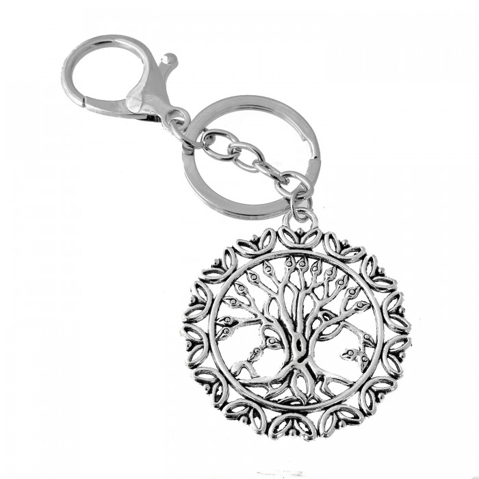 Porte-clés arbre de vie bijou de sac avec mousqueton et anneau argenté