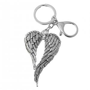 Porte-clés 2 ailes d'ange bijou de sac avec mousqueton et anneau argenté