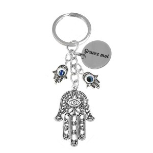 Porte-clés 3 pendentifs main de Fatma oeil argenté gravure personnalisée sur médaille