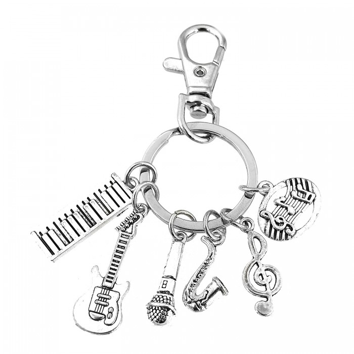 Porte-clés thème musique artiste notes guitare piano micro bijou de sac avec mousqueton et anneau argenté