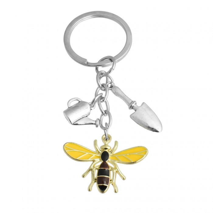 Porte-clés jardinier abeille pelle arrosoir argenté