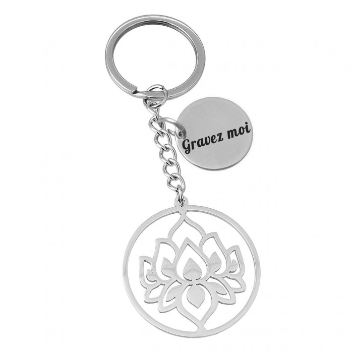 Porte-clés fleur de lotus dans un cercle acier inoxydable gravure personnalisée sur médaille