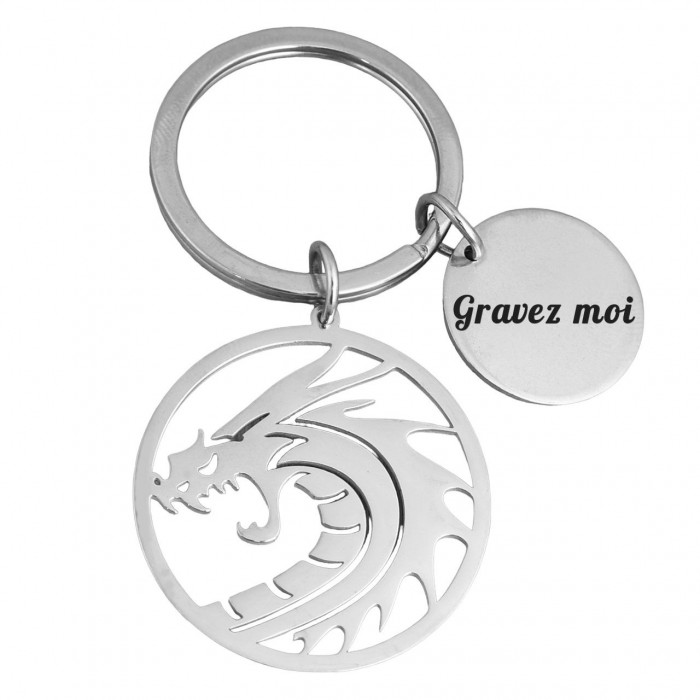 Porte-clés dragon dans un cercle acier inoxydable gravure personnalisée sur médaille