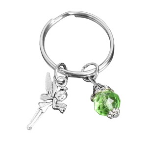 Porte-clés fée et sa perle à facettes vertes argenté