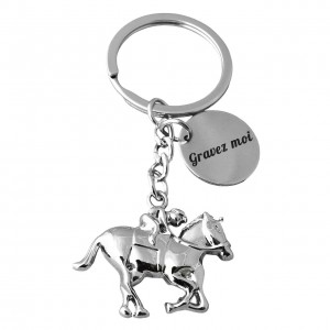 Porte-clés jockey sur son cheval au galop argenté gravure personnalisée sur médaille