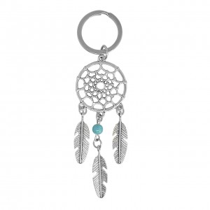 Porte-clés attrape-rêves 3 plumes avec perle bleu turquoise argenté