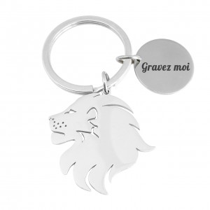 Porte-clés tête de lion ajouré en acier gravure personnalisée sur médaille
