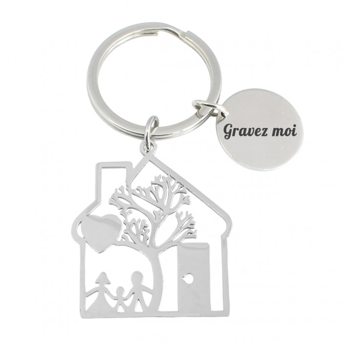 Porte-clés maison arbre coeur et famille ajouré en acier gravure personnalisée sur médaille