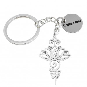 Porte-clés fleur de lotus ajourée en acier gravure personnalisée sur médaille