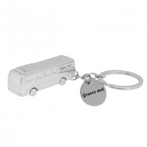 Porte-clés autobus car argenté gravure personnalisée sur médaille