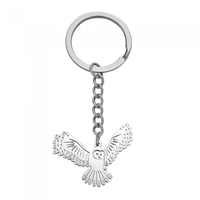 Porte-clés ciselé chouette protectrice ailes déployées en acier inoxydable