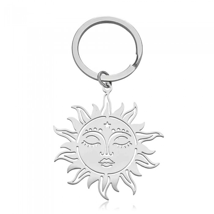 Porte-clés ciselé soleil mystique spirituel méditation acier inoxydable