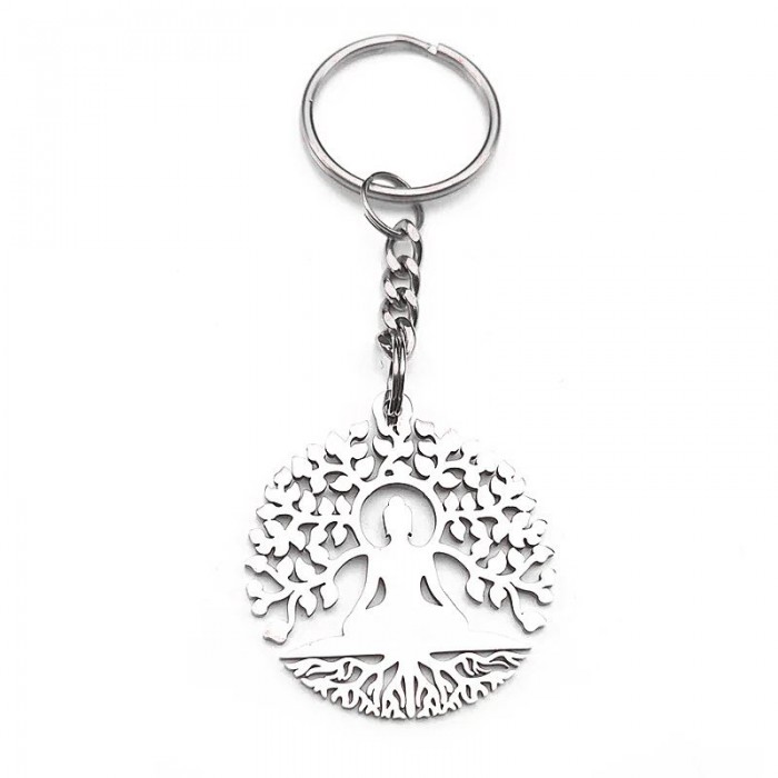 Porte-clés ciselé Bouddha méditation Arbre de vie spirituel acier inoxydable