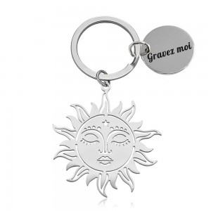 Porte-clés ciselé soleil mystique spirituel méditation acier inoxydable gravure personnalisée sur médaille