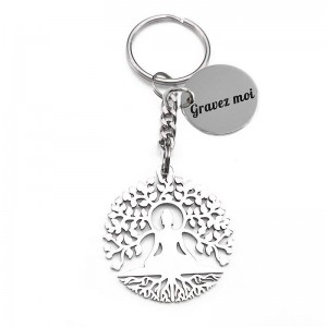 Porte-clés ciselé Bouddha méditation arbre de vie spirituel acier inoxydable gravure personnalisée sur médaille