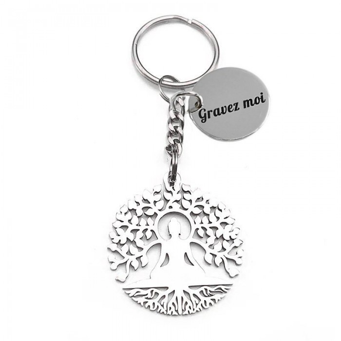 Porte-clés ciselé Bouddha méditation arbre de vie spirituel acier inoxydable gravure personnalisée sur médaille