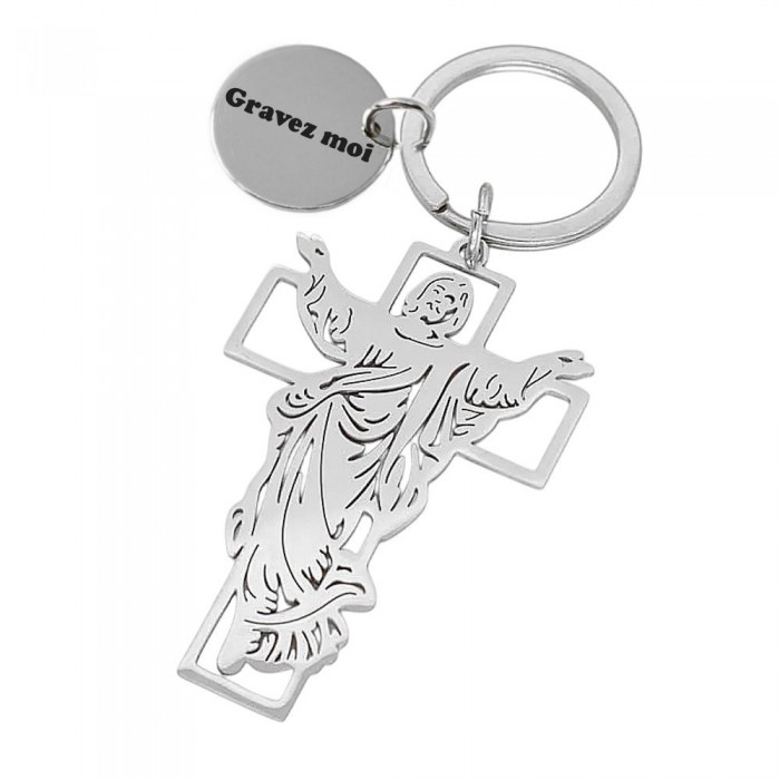 Porte-clés croix protection ciselées Jésus acier inoxydable gravure personnalisée sur médaille