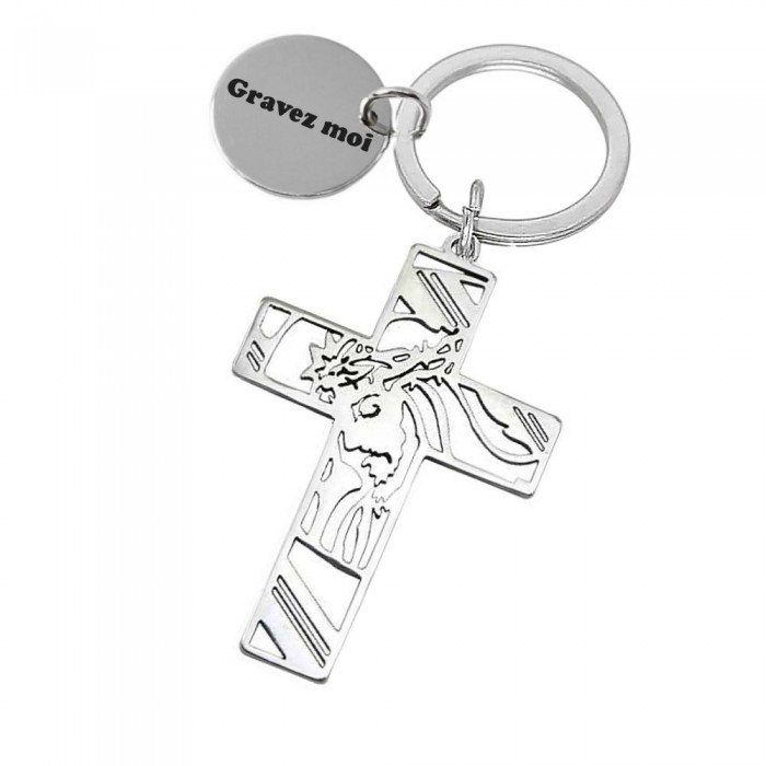 Porte-clés ciselé Jésus couronne d'épines acier inoxydable gravure personnalisée sur médaille