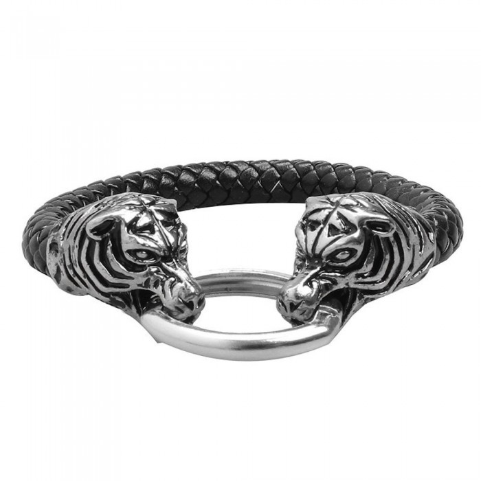 Bracelet noir deux tigres anneau acier inoxydable