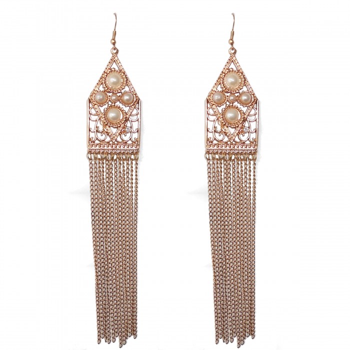 Boucles d'oreilles tombantes dorées perles et chaînettes bohème ethnique