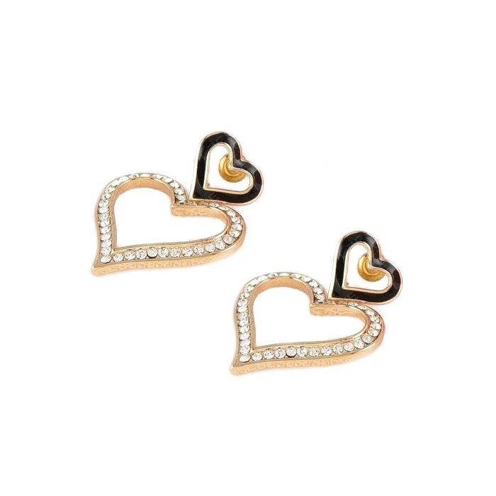 Boucles d'oreilles 2 coeurs noir et serti de strass doré