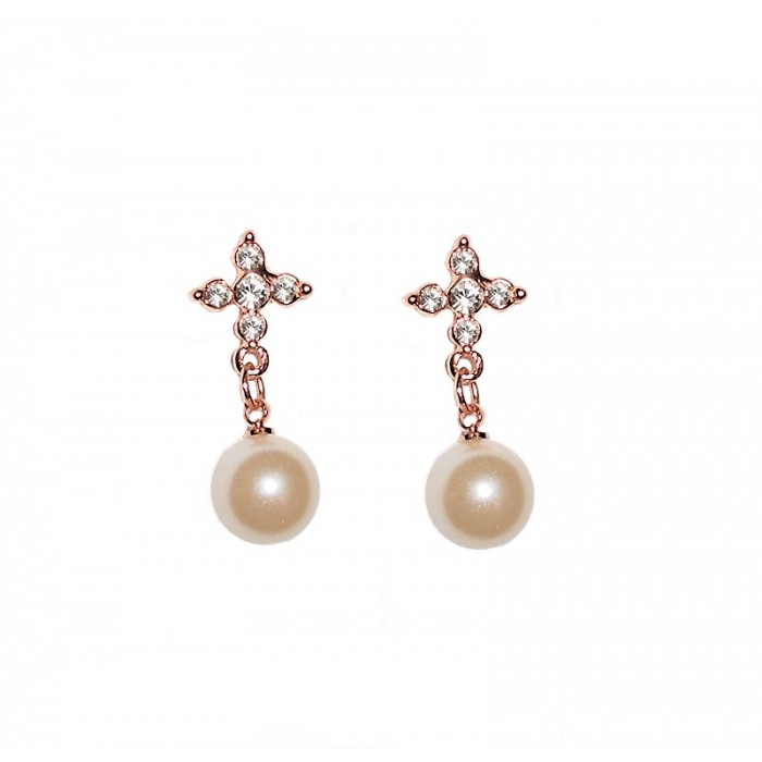Boucles d'oreilles tombantes perles blanches strass doré rose