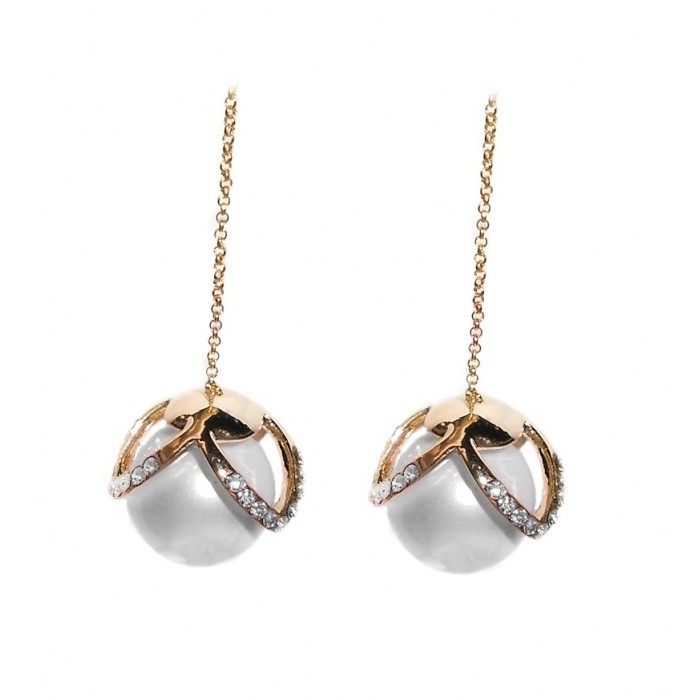 Boucles d'oreilles perle et strass tombantes avec chaînette doré