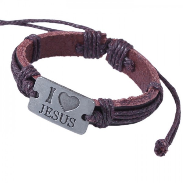 Bracelet I LOVE Jésus coeur en cuir marron avec lacets